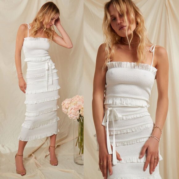 V. Chapman Lily White Smocked Ruffle Midi Dress Bodycon Spaghetti Strap Size 00 - Picture 1 of 13